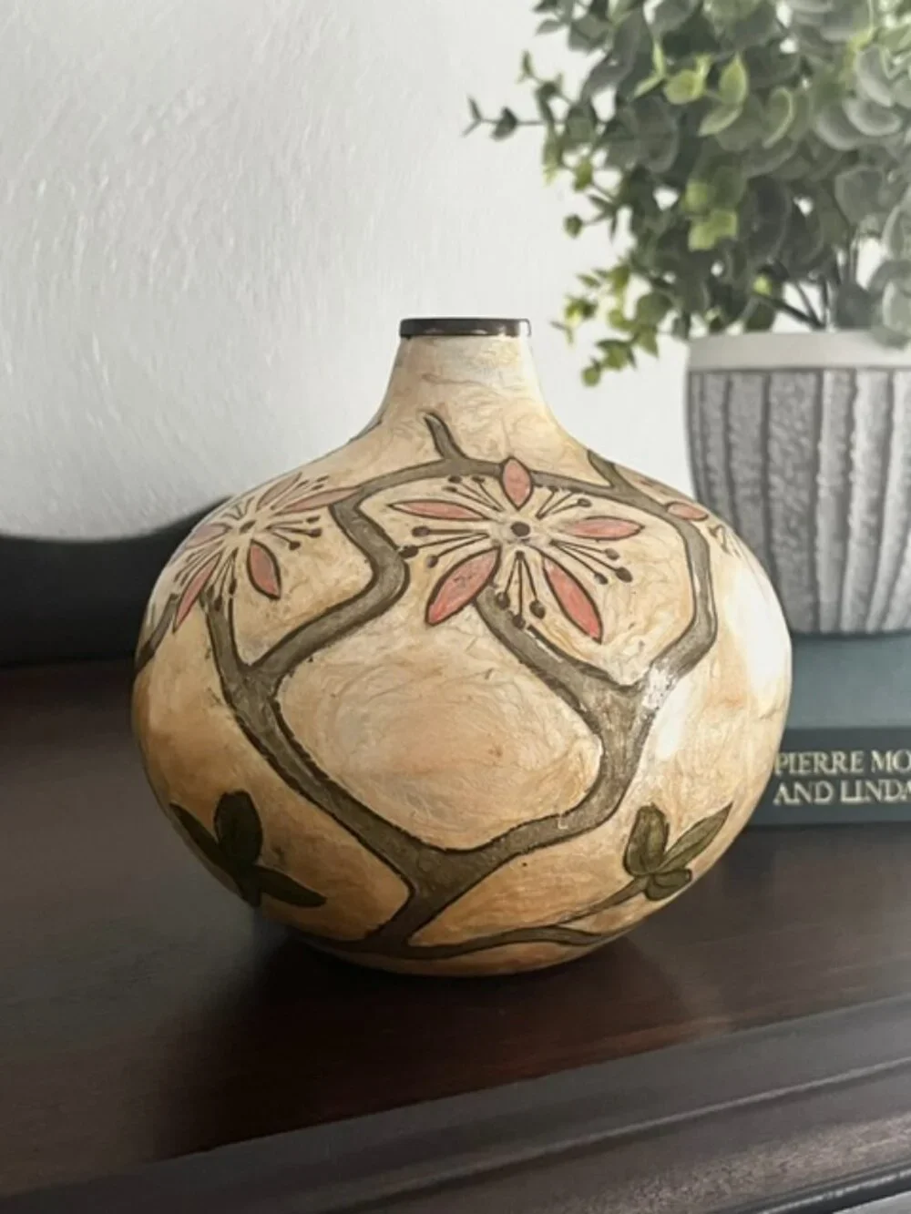 Brass Vase Enamel Overlay Floral Vine Design Metal Pink Green